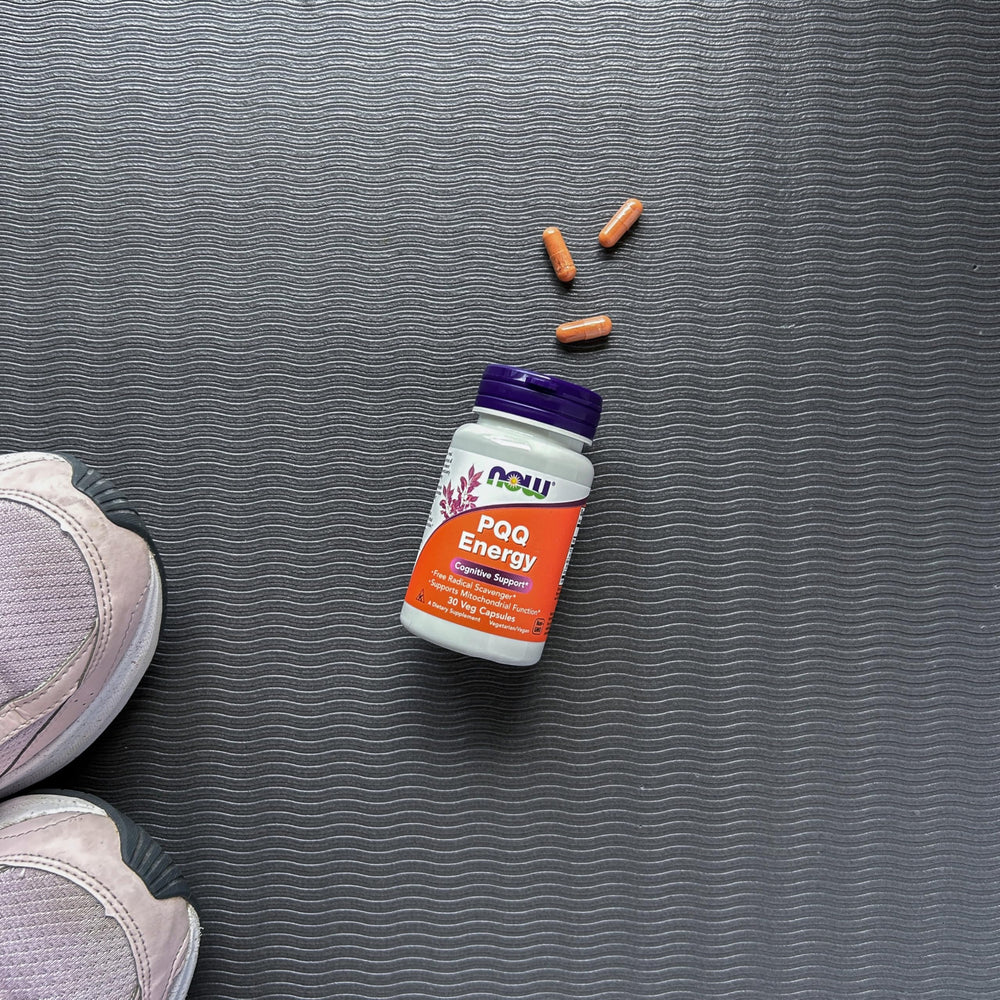 NOW Foods PQQ Energy bottle on desk during morning routine.