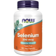 NOW Foods Selenium VCaps bottle with label highlighting 200 mcg daily antioxidant support