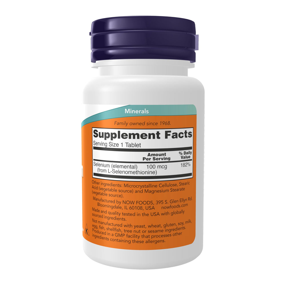 NOW Foods selenium bottle front label highlights 100 mcg per tablet and certifications.