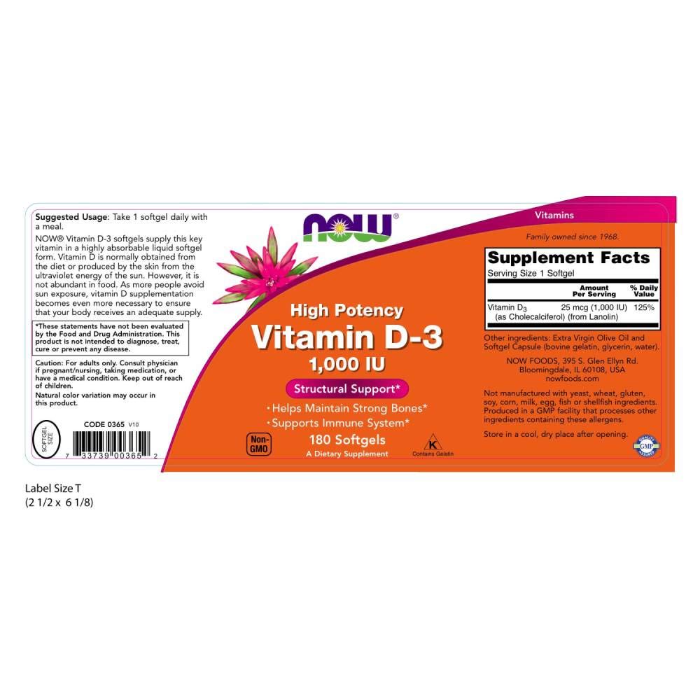 NOW Foods Vitamin D-3 1000 IU softgel bottle back shows dosage information