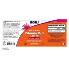 NOW Foods Vitamin D-3 1000 IU softgel bottle back shows dosage information