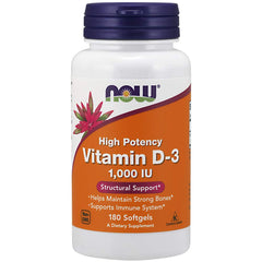 NOW Foods Vitamin D-3 1000 IU softgel bottle front supports daily bone health