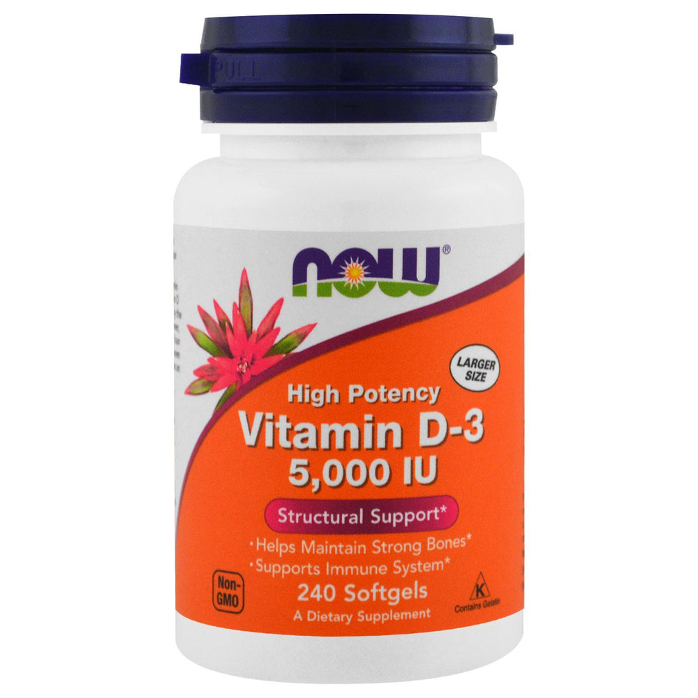 Now Foods Vitamin D-3 bottle closeup highlighting high potency 5000 IU softgels