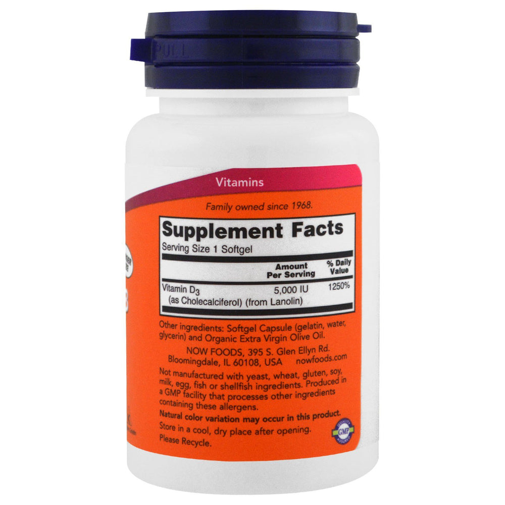 NOW Foods Vitamin D-3 label with non GMO and allergen free claims
