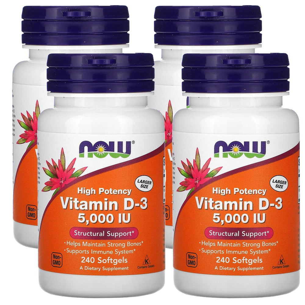 NOW Foods Vitamin D-3 softgels packaging shows high potency vitamin D for daily bone and immune support