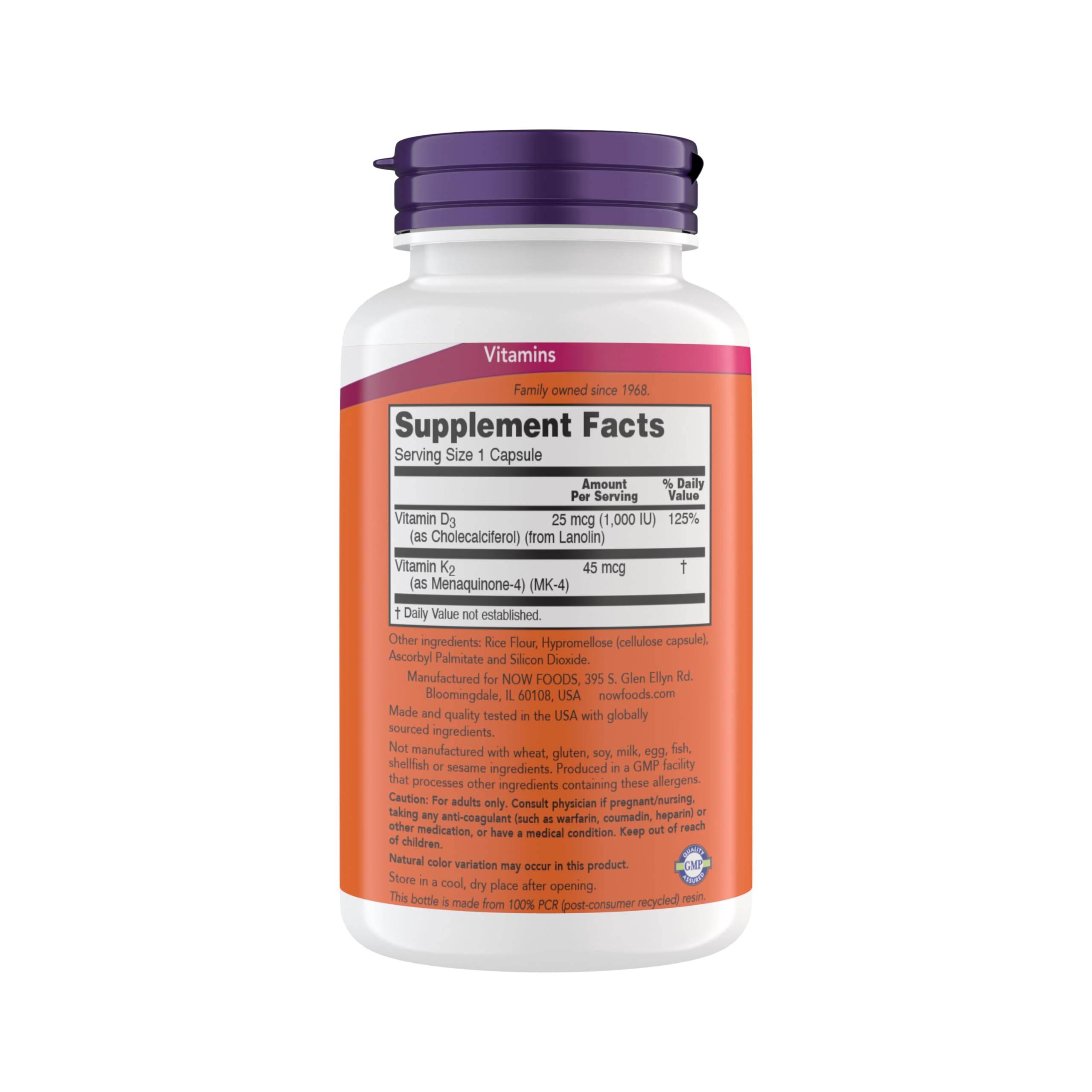 NOW Foods Vitamin D3 K2 capsules closeup of easy-to-swallow veggie capsules