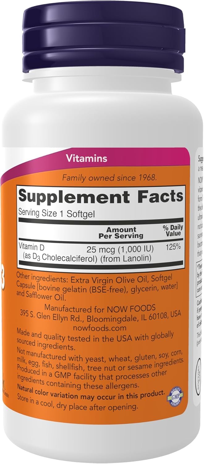 NOW Foods Vitamin D-3 softgels pour scene highlighting high potency and dosing