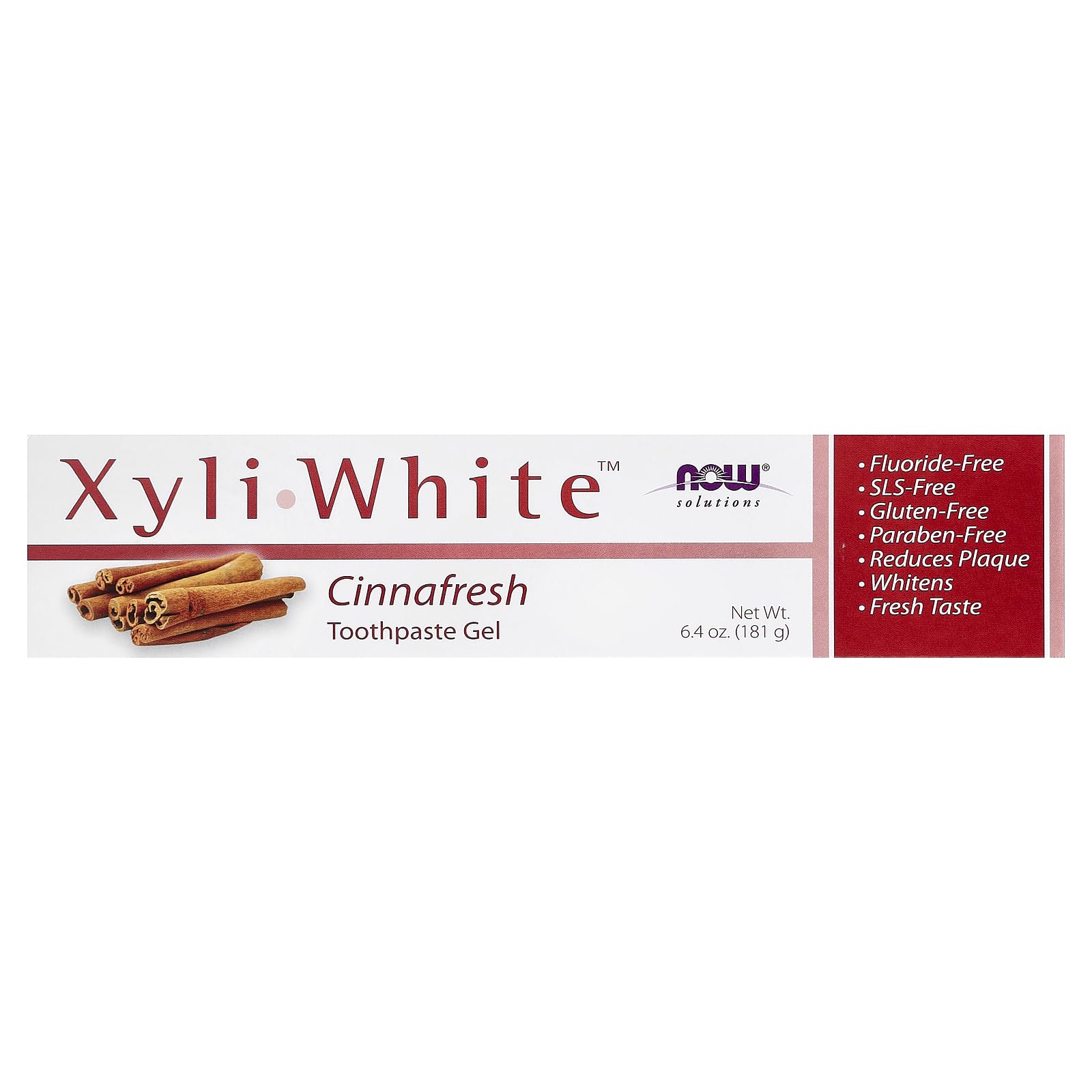 NOW Foods Xyliwhite Cinnafresh ingredients panel highlights xylitol and natural flavors.
