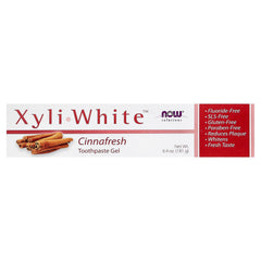 NOW Foods Xyliwhite Cinnafresh ingredients panel highlights xylitol and natural flavors.