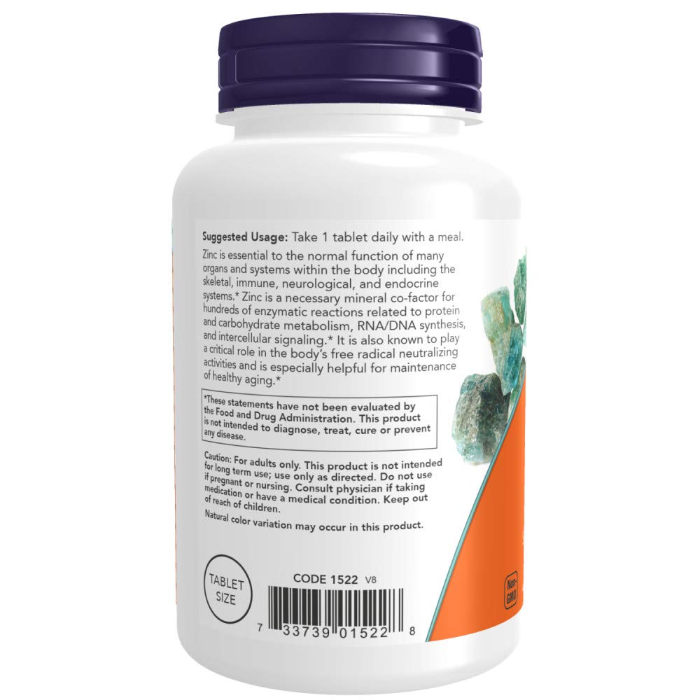 NOW Foods Zinc 50 mg bottle label; contains 250 capsules for daily use.