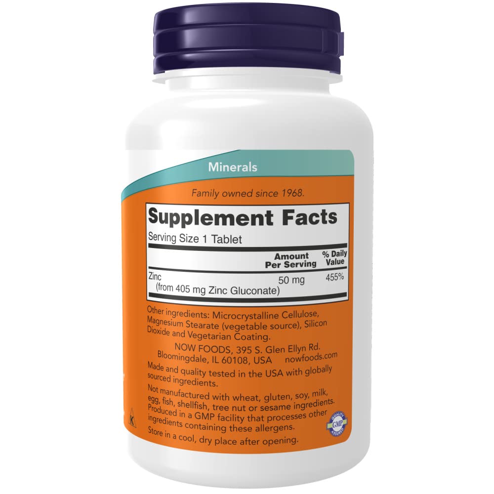 NOW Foods Zinc 50 mg bottle side; clear dosage and easy handling.