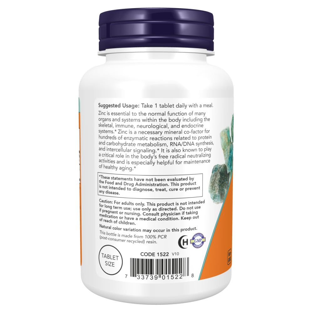 NOW Foods Zinc packaging box highlighting certifications and assurances