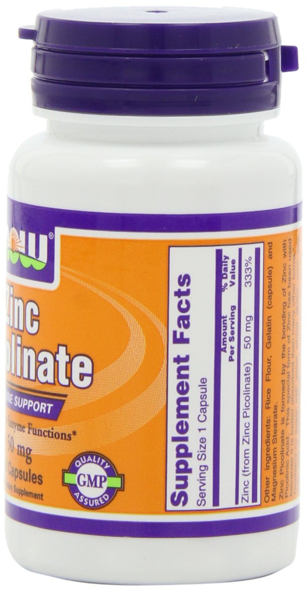 NOW Foods Zinc Picolinate 50mg bottle side view on shelf for convenient use.
