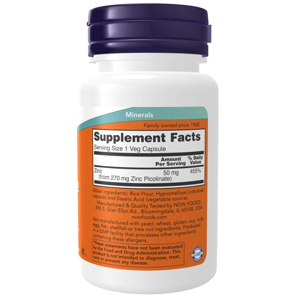 NOW Foods Zinc Picolinate 50mg capsules close-up, simple daily supplementation.