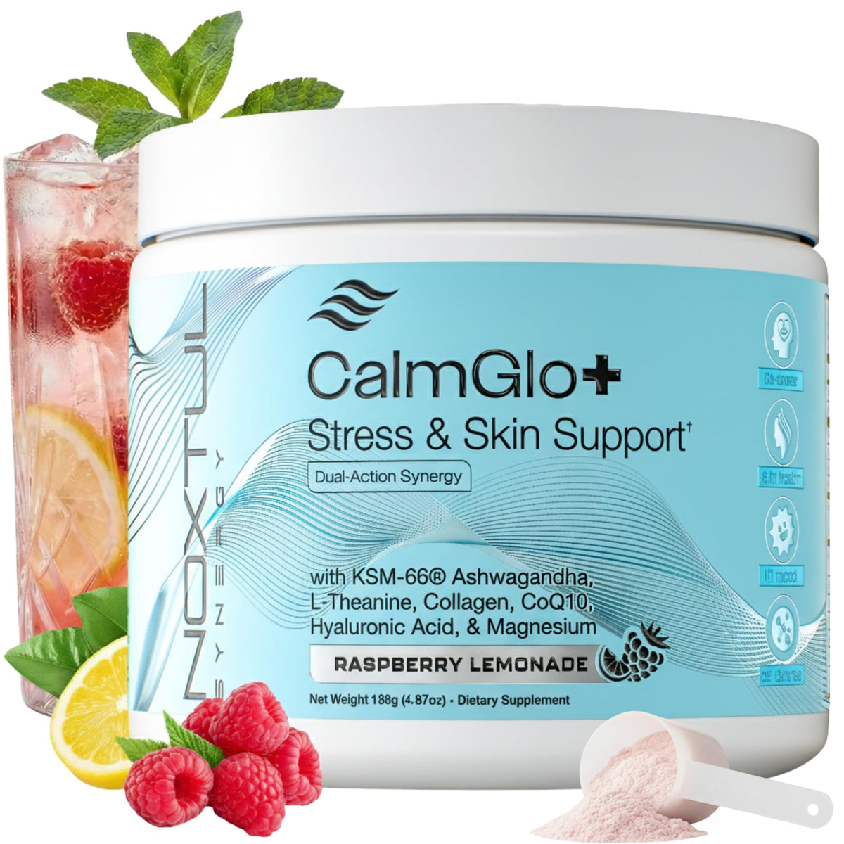 Noxtul CalmGlo+ bottle front shows a stress support blend for calm focus.