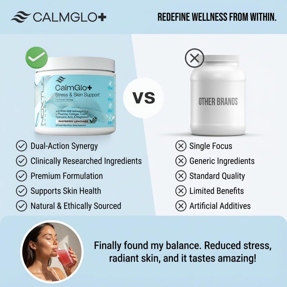 Noxtul CalmGlo+ collagen peptides highlight skin, hair, and nail benefits.