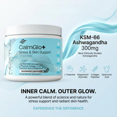 Noxtul CalmGlo+ label closeup highlights 300 mg Ashwagandha KSM-66 potency.