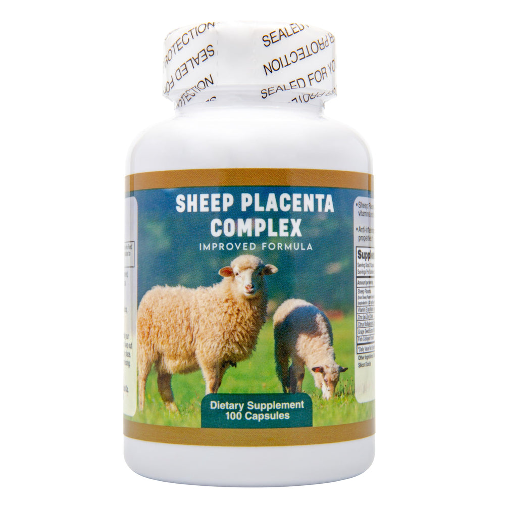 Nu-Health Sheep Placenta Complex bottle for daily supplementation and convenient capsules.