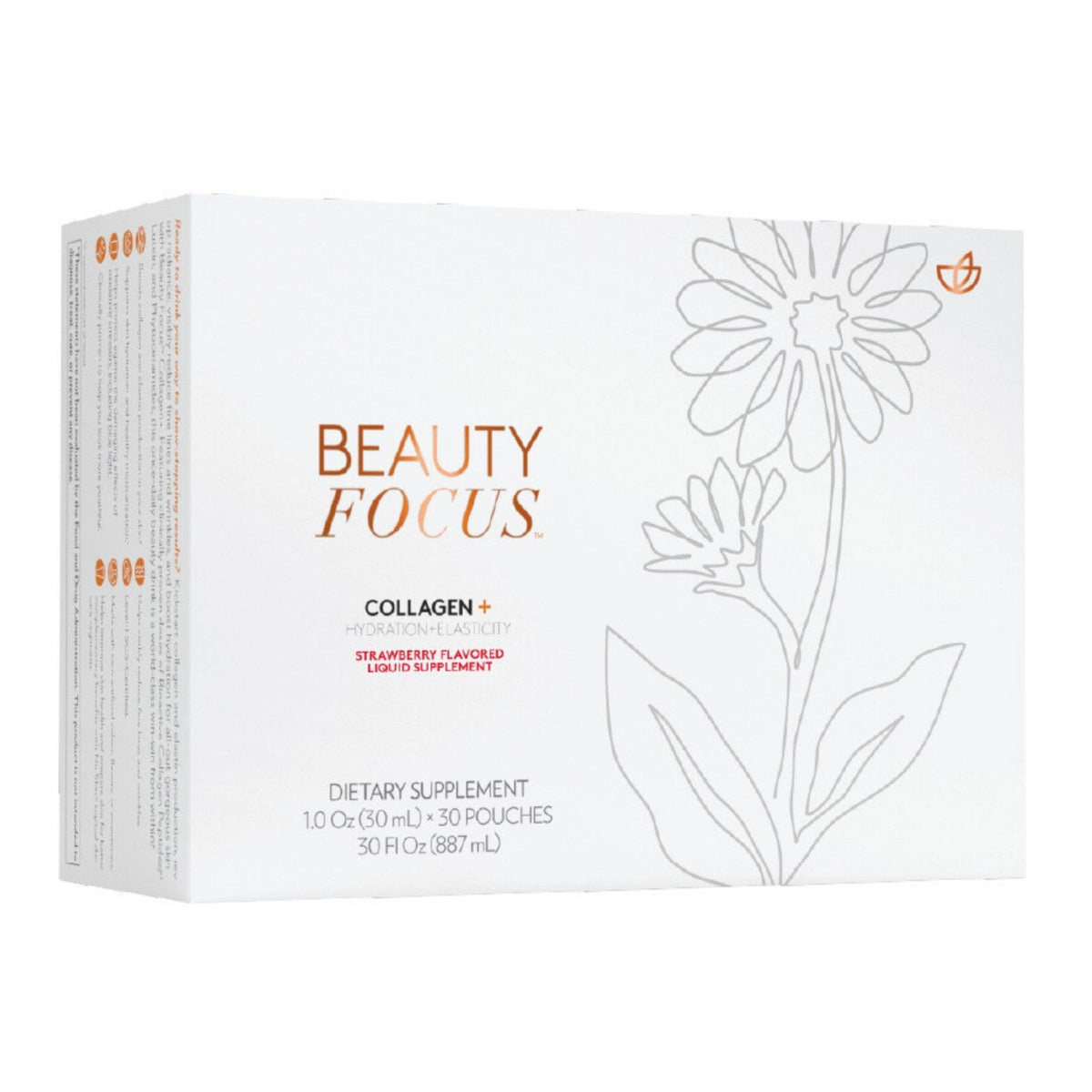 Nu Skin Beauty Focus Collagen+ bottle highlighting marine collagen for skin support.