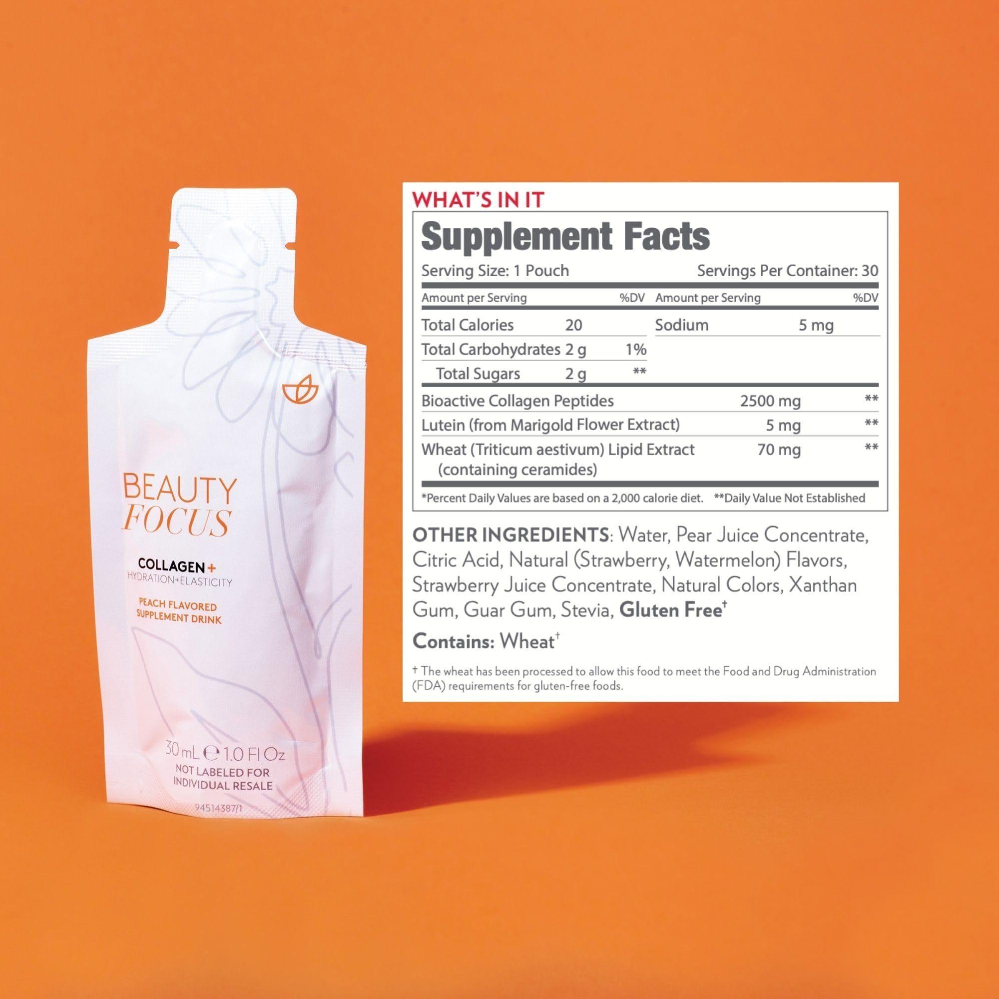 Nu Skin Beauty Focus Collagen+ glass with vibrant liquid suggests refreshed skin potential.