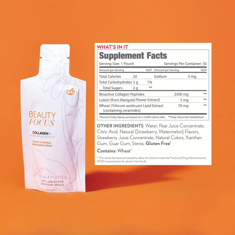 Nu Skin Beauty Focus Collagen+ glass with vibrant liquid suggests refreshed skin potential.