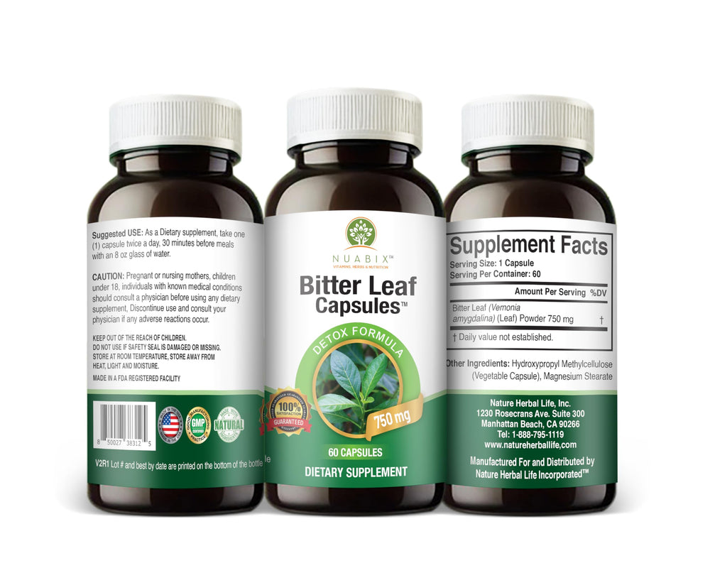NUABIX Bitter Leaf Capsules bottle highlighting natural whole-body support