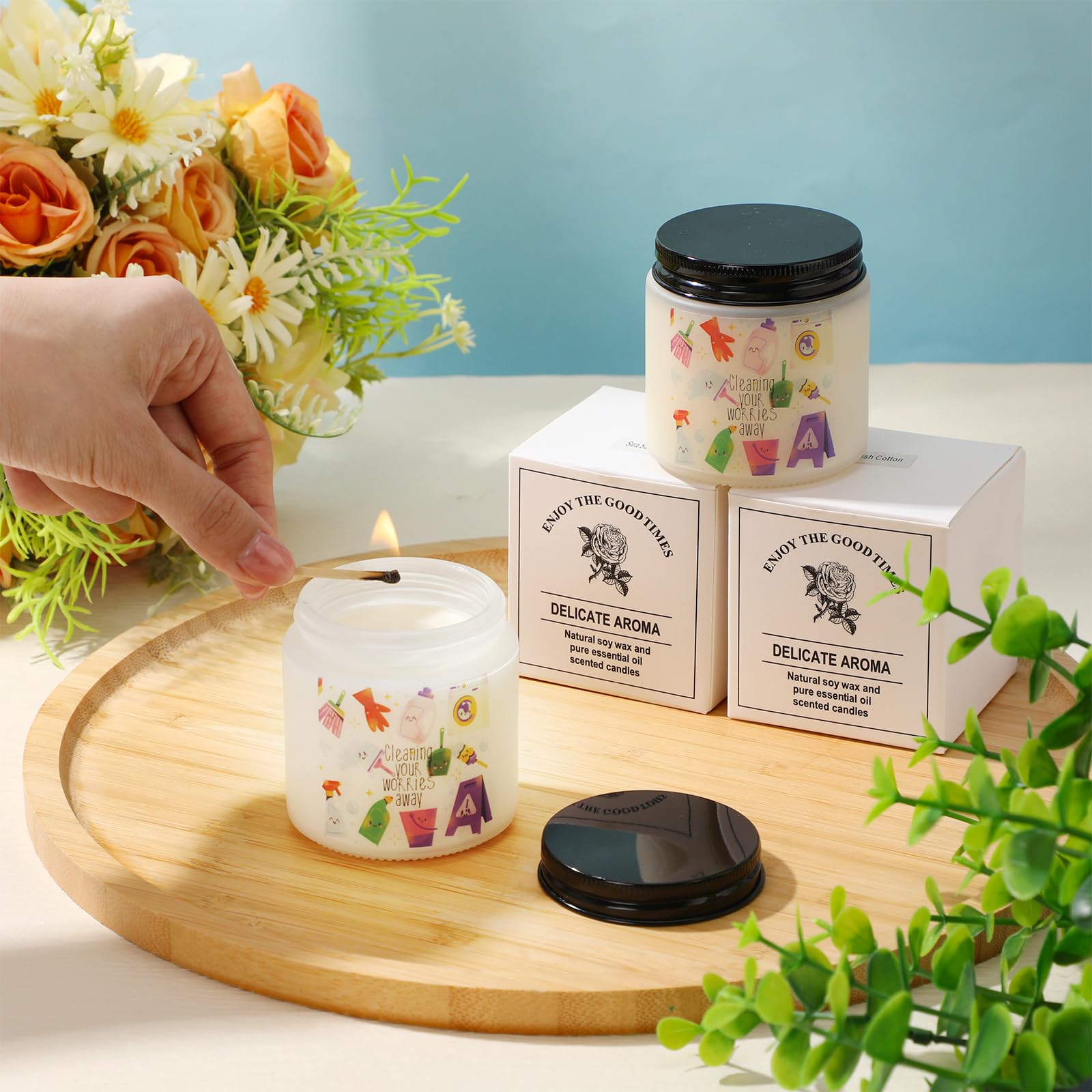 Nuanchu 24-hour burn-time candles provide long-lasting ambiance.