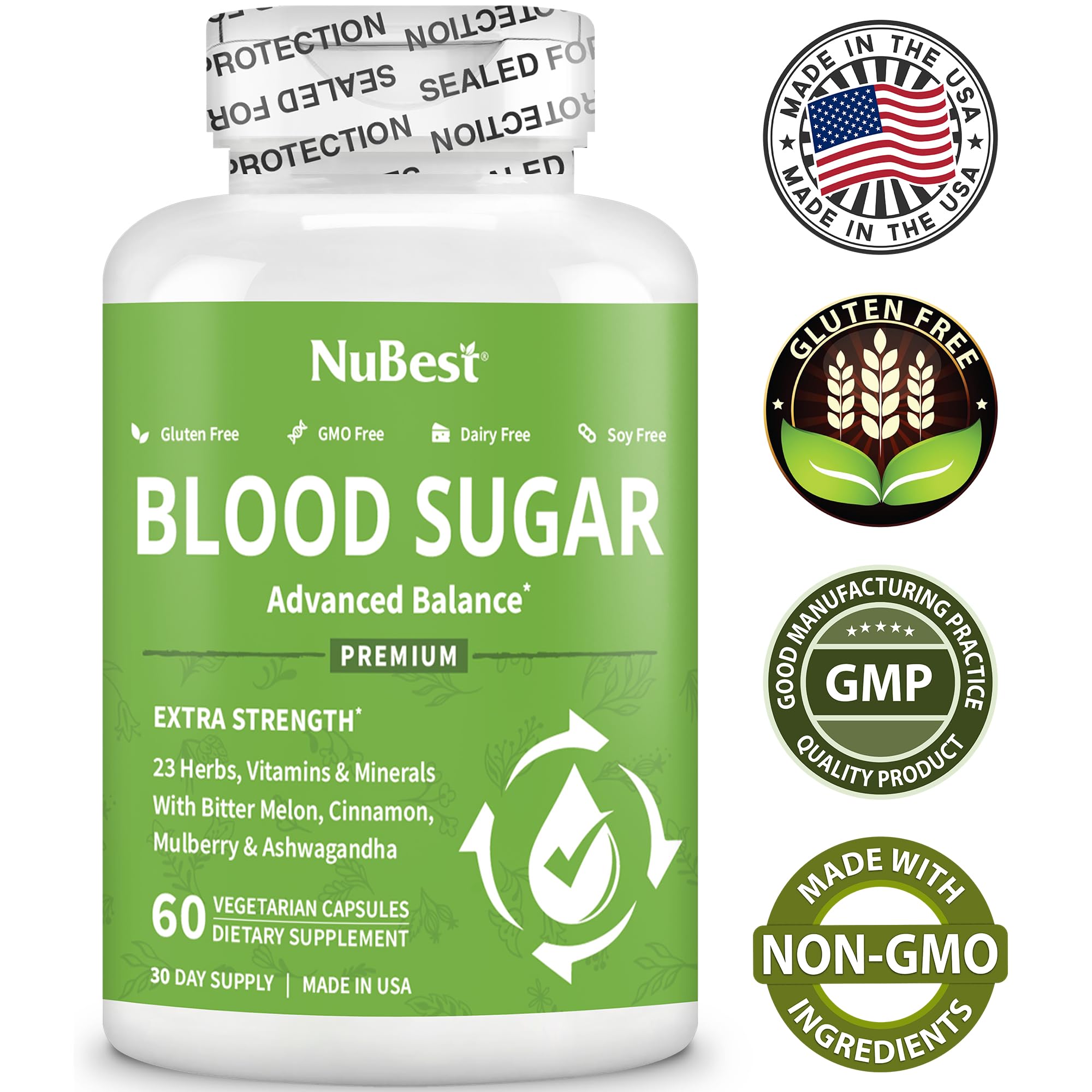 NuBest Blood Sugar Advanced Formula ingredients label featuring bitter melon and cinnamon.