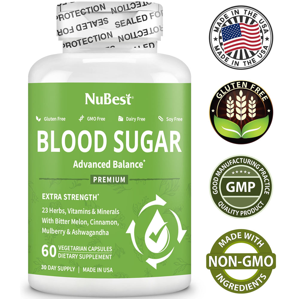 NuBest Blood Sugar Advanced Formula ingredients label featuring bitter melon and cinnamon.