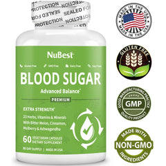 NuBest Blood Sugar Advanced Formula ingredients label featuring bitter melon and cinnamon.