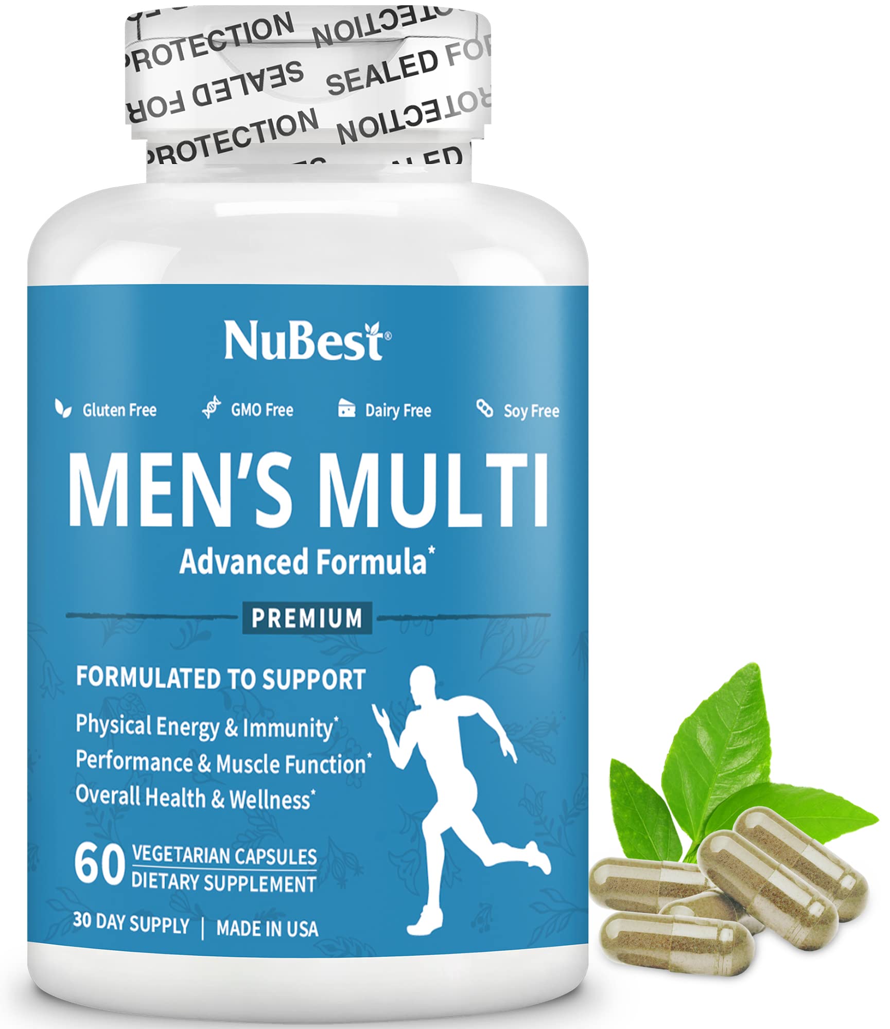 NuBest Multivitamin for Men bottle front shows 38 nutrients for daily vitality