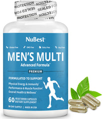 NuBest Multivitamin for Men bottle front shows 38 nutrients for daily vitality