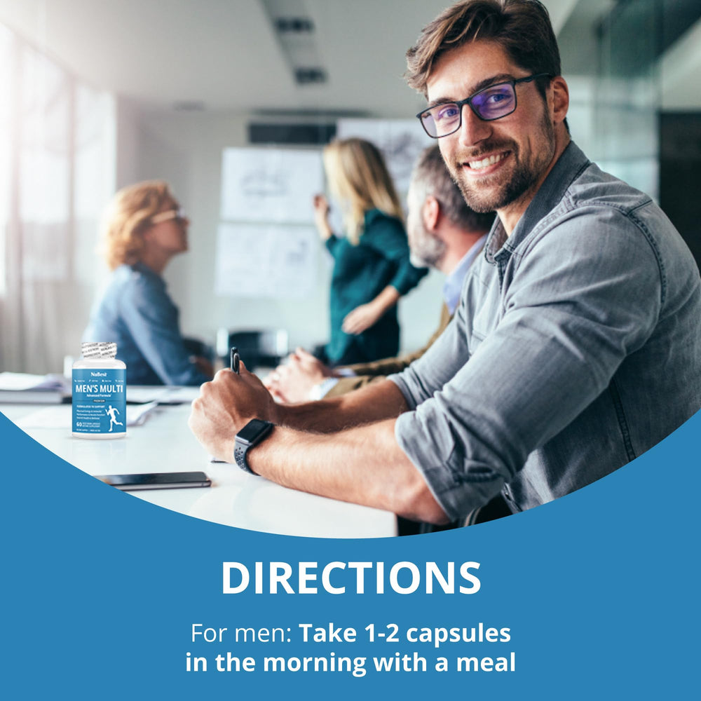 NuBest Multivitamin Men ingredients panel highlights zinc, calcium, magnesium for bone health