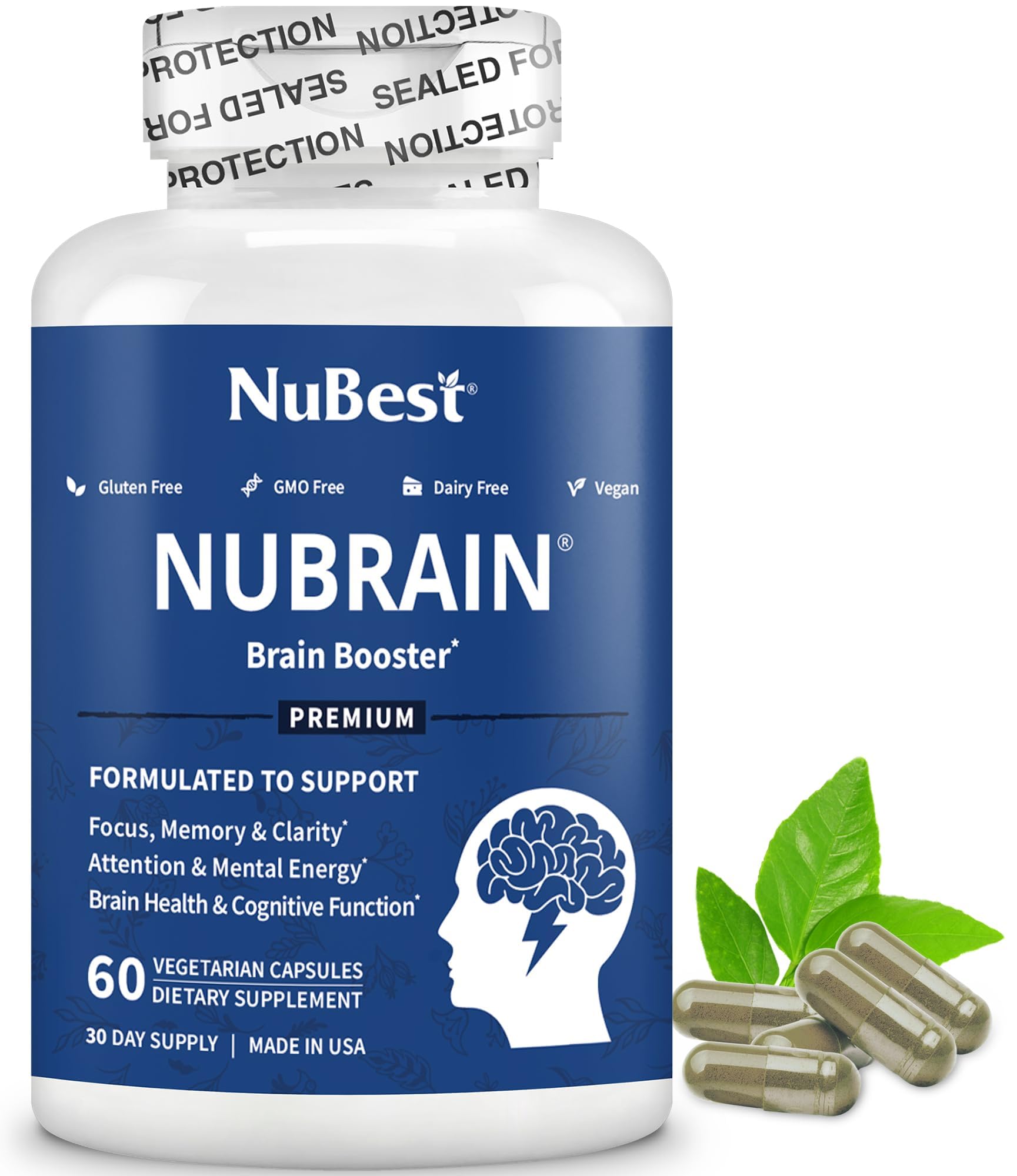 NuBrain Booster cap close-up highlighting vegan brain support benefits.