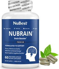 NuBrain Booster cap close-up highlighting vegan brain support benefits.