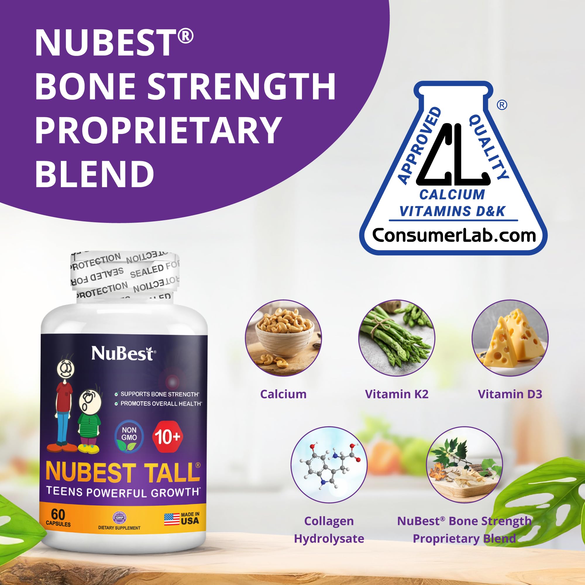 NuBest Tall 10+ bottle back label with ingredients and dosage information
