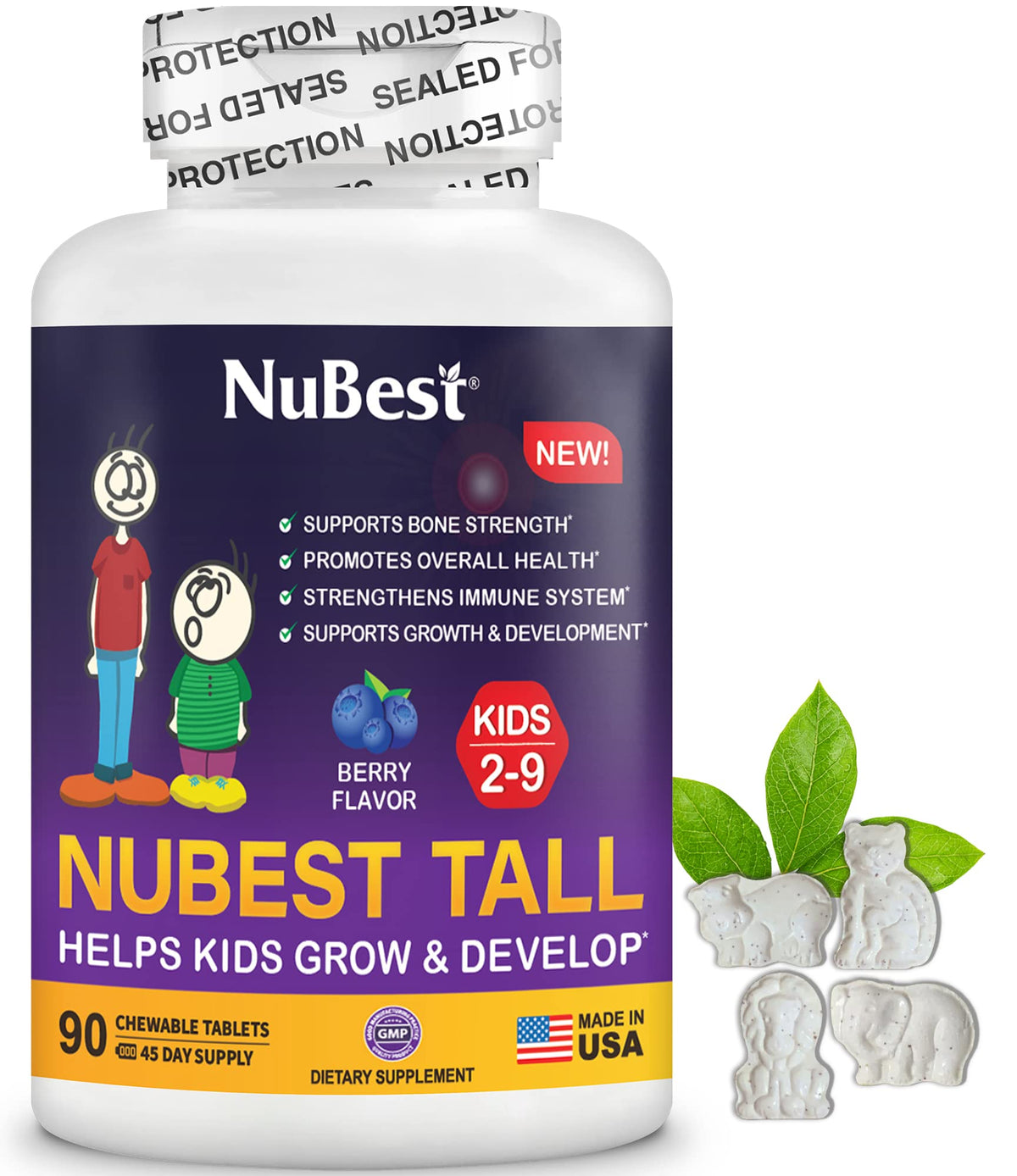 NuBest Tall Kids bottle front with berry chewables designed for growing children