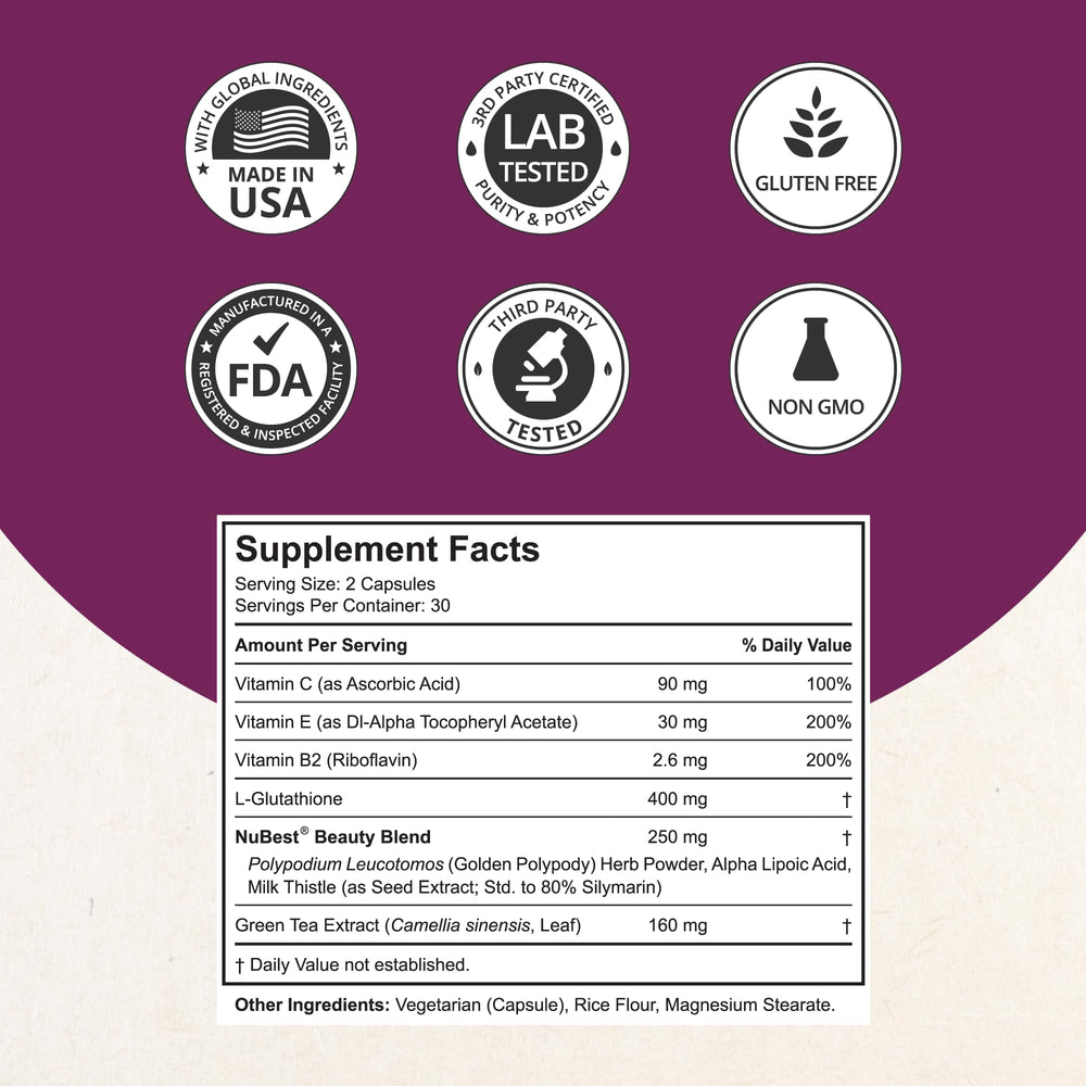 NuBest White glutathione 400mg tablets close-up highlighting convenient daily capsules