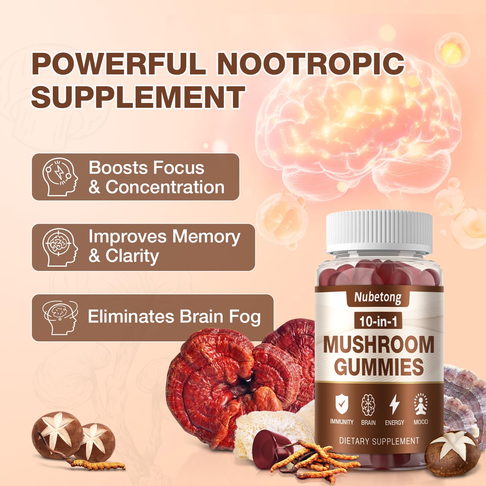 Nubetong Mushroom Gummies pack on desk suggests an easy at-home wellness routine.