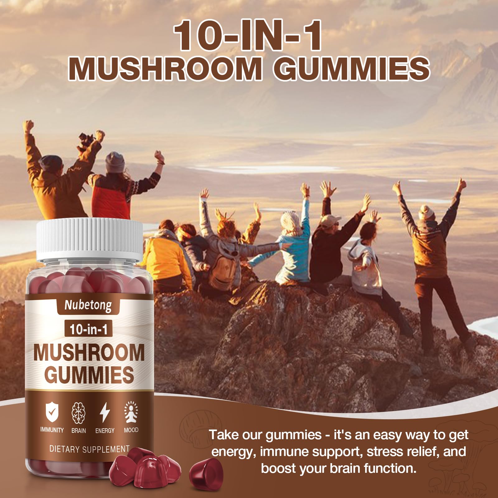 Two-pack Nubetong Mushroom Gummies on counter signals value and ongoing routine.