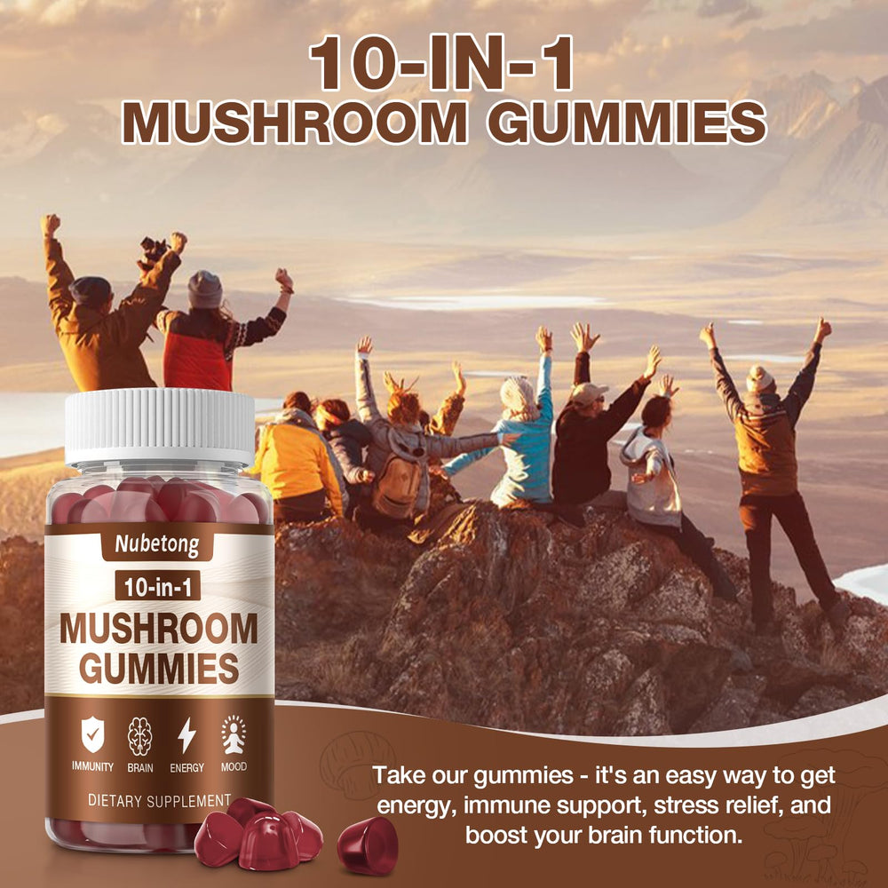 Two-pack Nubetong Mushroom Gummies on counter signals value and ongoing routine.