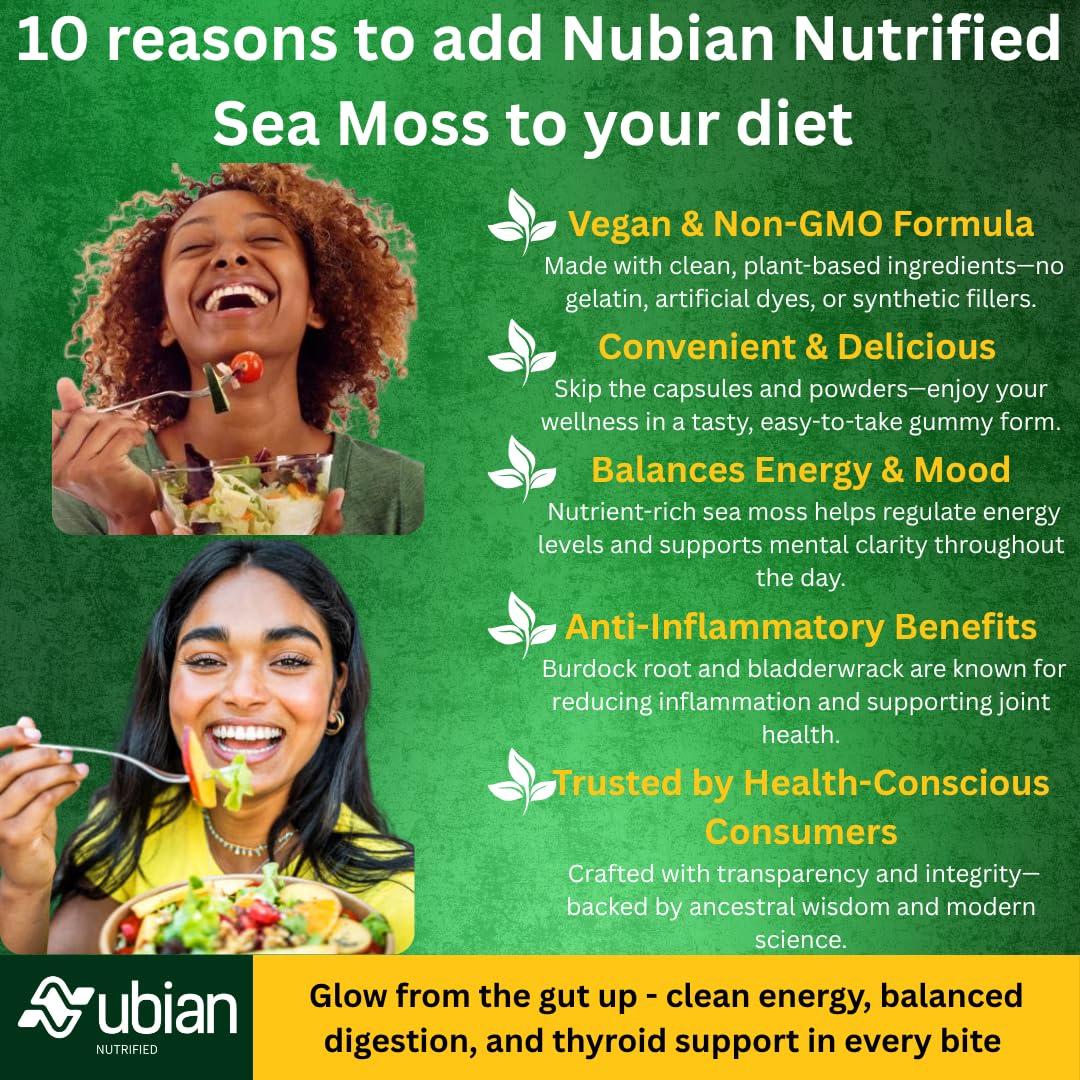 NUBIAN NUTRIFIED Sea Moss Gummies skin glow visual highlights potential wellness benefits