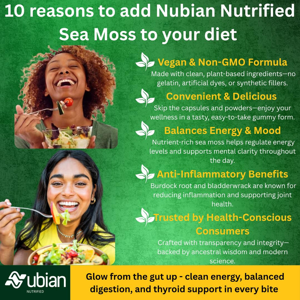 NUBIAN NUTRIFIED Sea Moss Gummies skin glow visual highlights potential wellness benefits