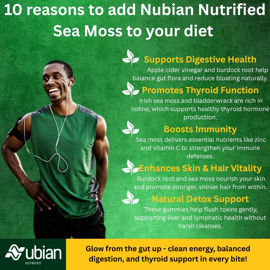 NUBIAN NUTRIFIED Sea Moss Gummies vegan gluten-free label communicates plant-based convenience