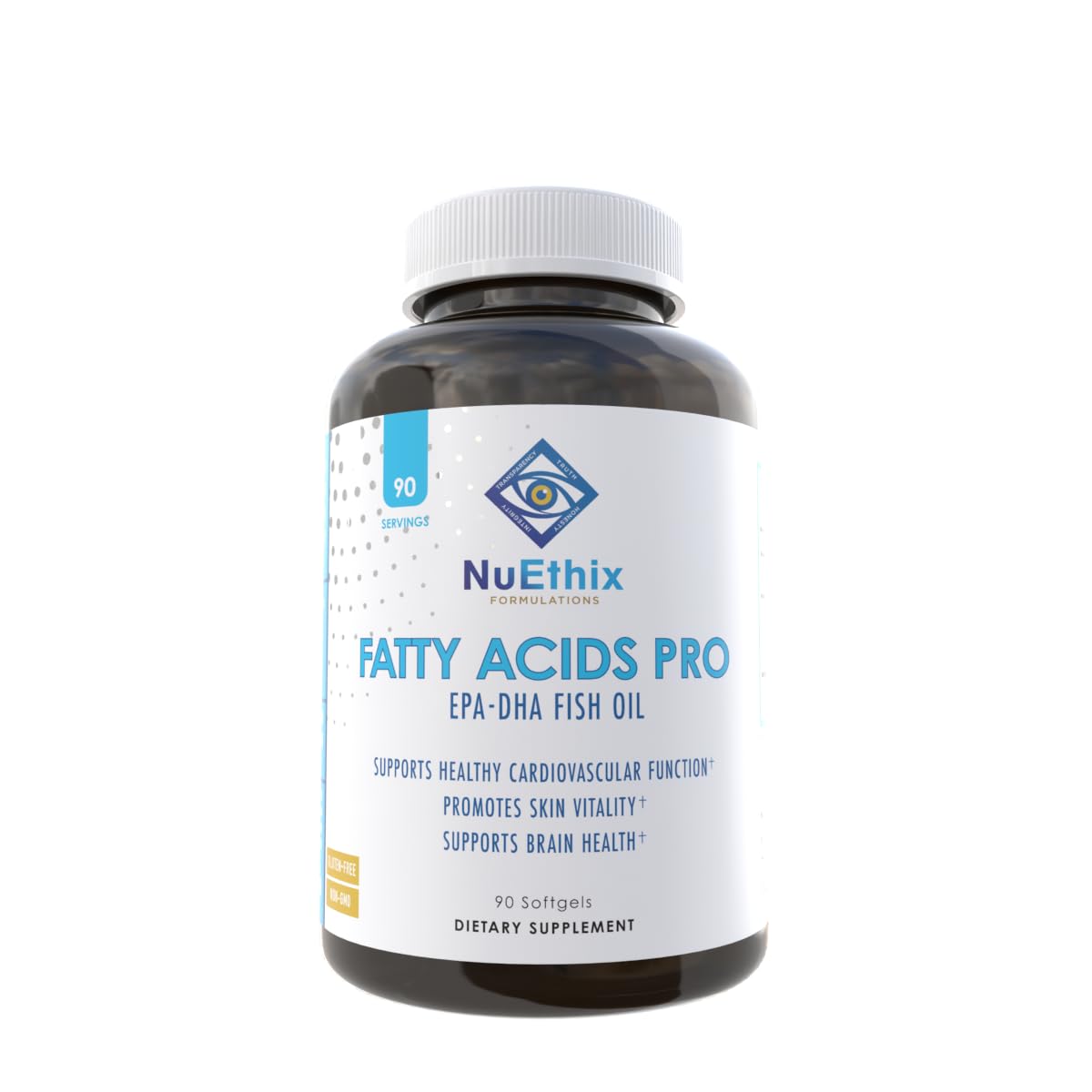 NuEthix Formulations Fatty Acids Pro EPA-DHA bottle with softgels for daily heart support.