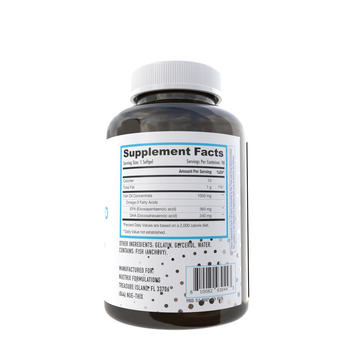 A glass NuEthix Fatty Acids Pro bottle on a kitchen counter.