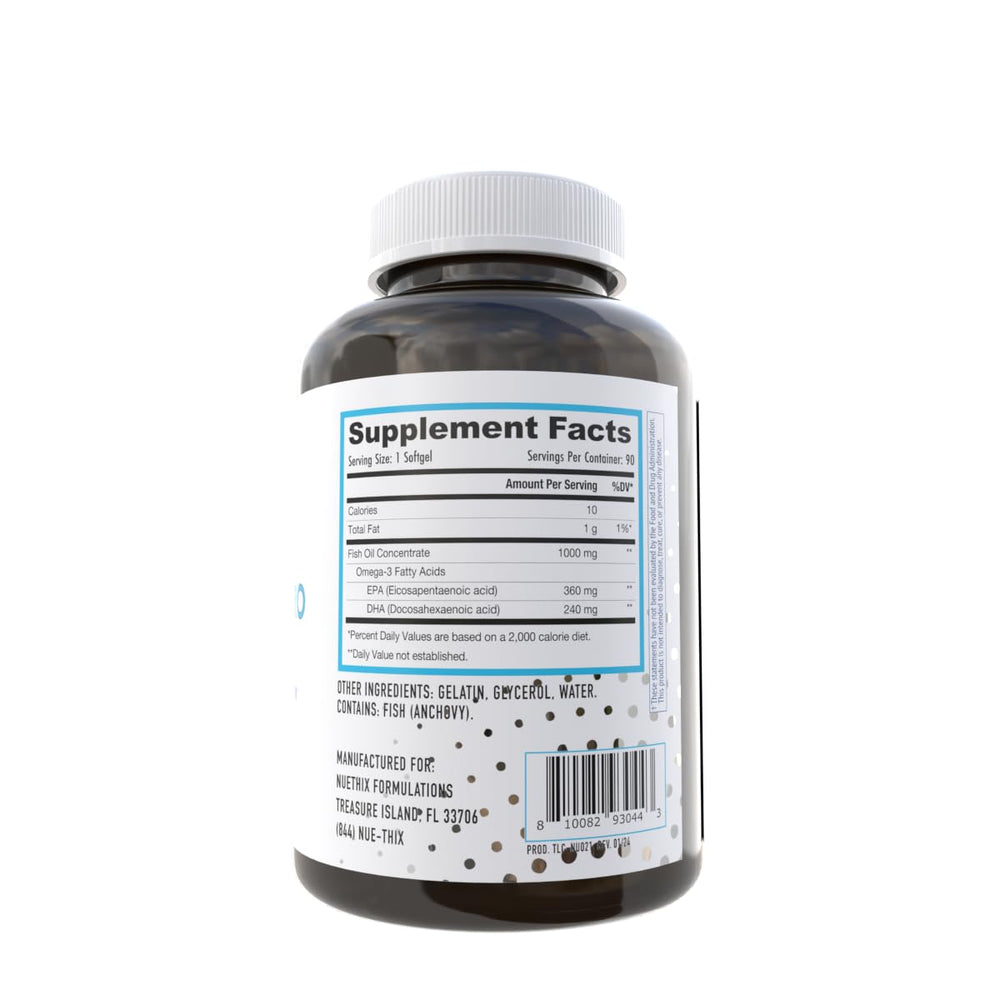 A glass NuEthix Fatty Acids Pro bottle on a kitchen counter.