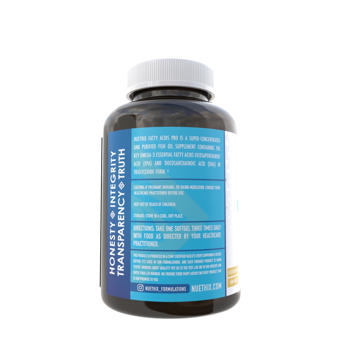 Nutrition facts for NuEthix Fatty Acids Pro emphasize gluten-free and non-GMO attributes.