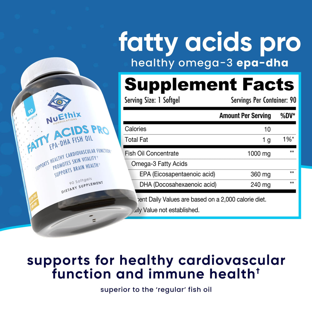 Close-up of NuEthix Fatty Acids Pro softgel capsules for omega-3 benefits.