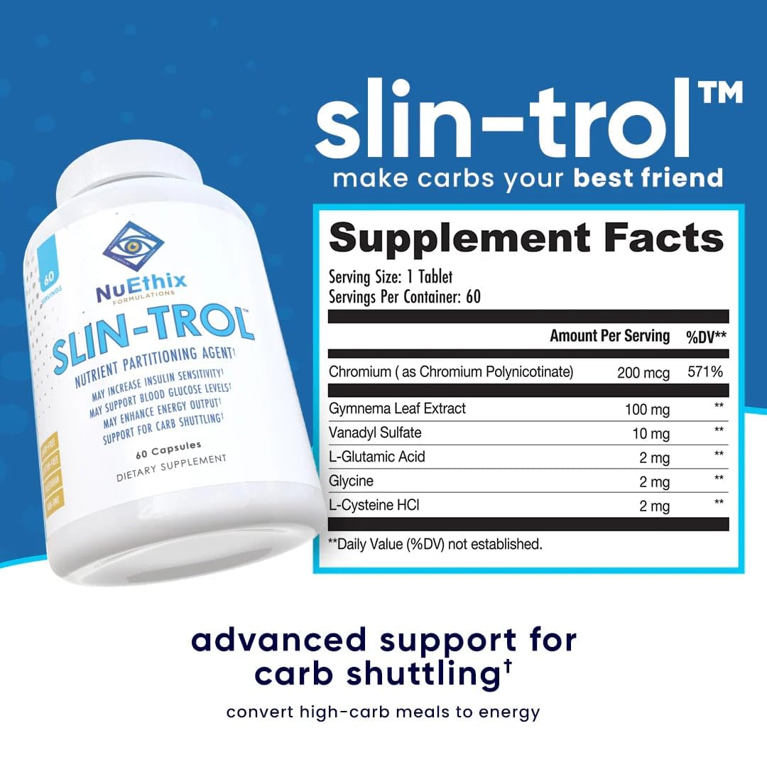 NuEthix SLIN-Trol label closeup highlighting key ingredients for glucose handling